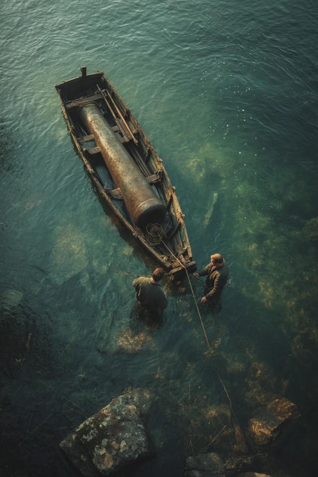 Cannon in Lake George Boat Running Aground Night View