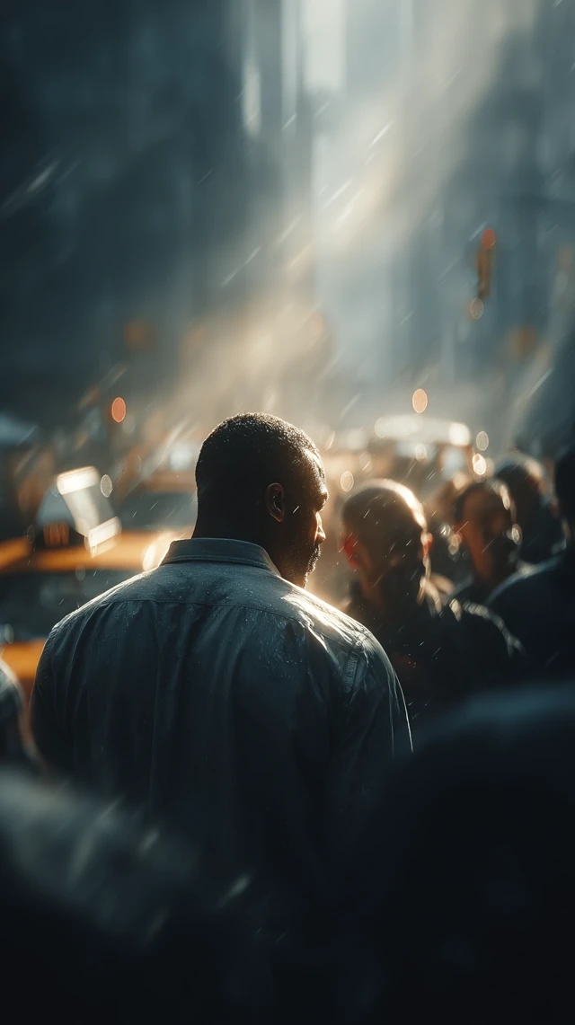 Man Walking Through Urban Chaos Calm and Focused