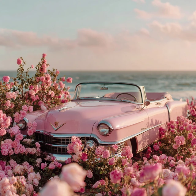 Pink Convertible Car in Roses Dreamy Scene