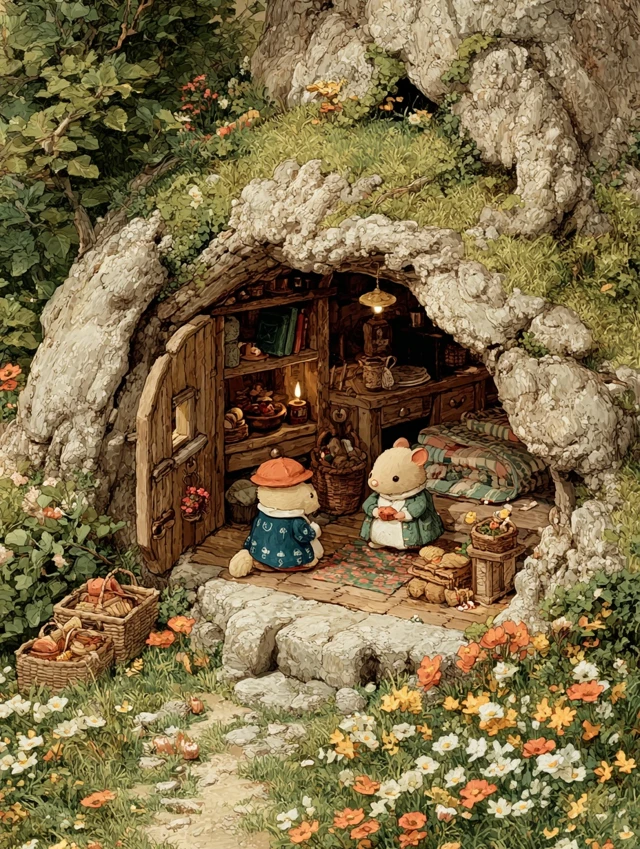 Cozy Mouse House in a Hollow Tree Storybook Illustration
