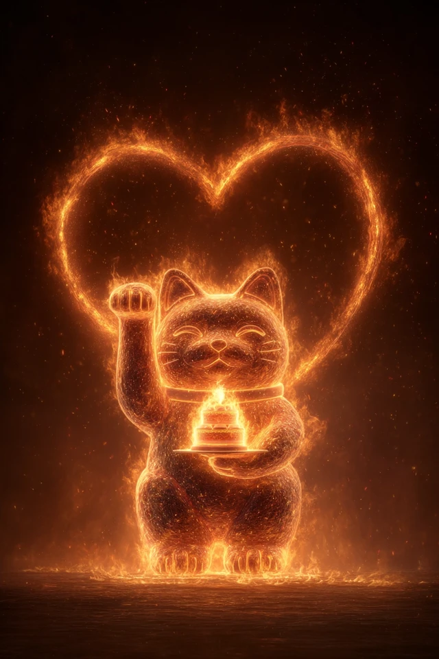 Fiery Lucky Cat with Cake