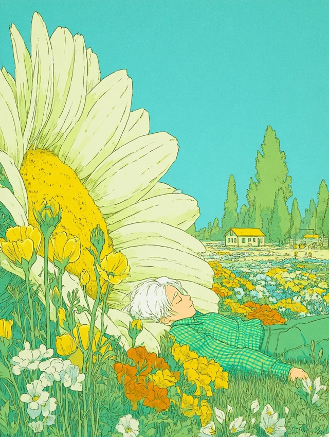 Girl with White Hair in Flower Garden Anime Illustration