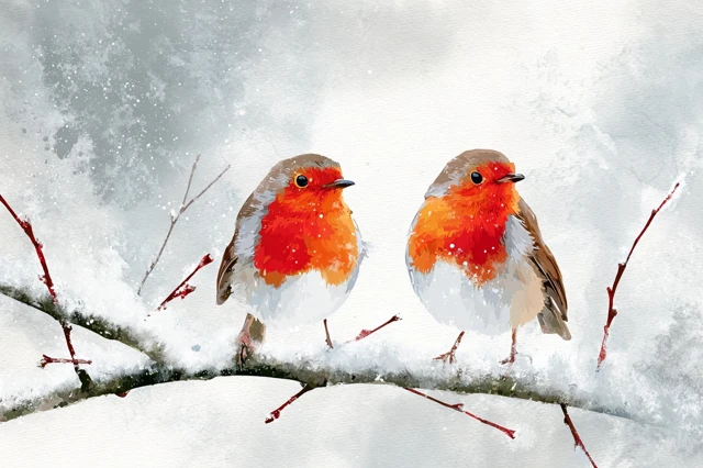 Winter Robins on Snow Covered Branches Christmas
