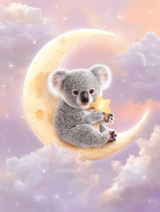 Cute Koala on Moon with Star Nursery Art