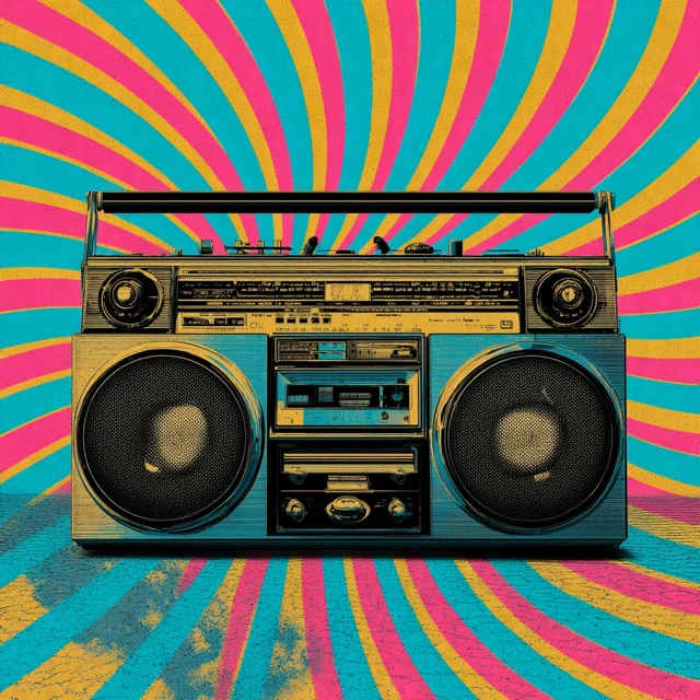 Retro Boombox Art with Sound Waves