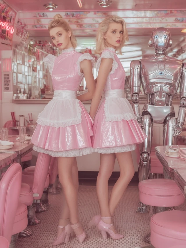 Retro Futuristic Diner Robots Pink Dream