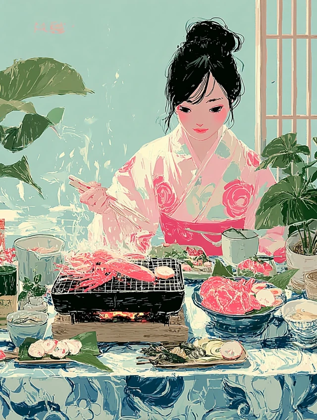 Japanese Ryokan Dinner Illustration