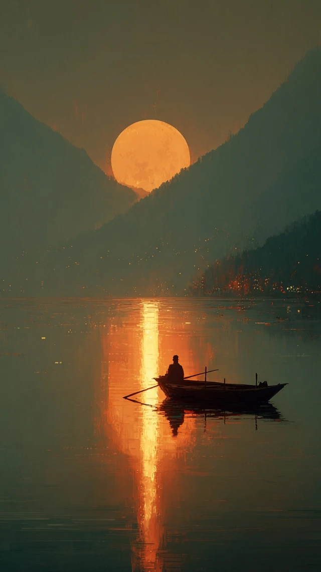 Lone Boater Under the Orange Moon Surreal Lake Scene