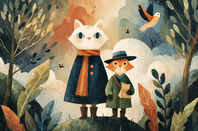 Whimsical Cat and Fox Adventure in a Floating Forest