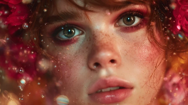 Ethereal Woman Portrait Flower Hair Red Blooms