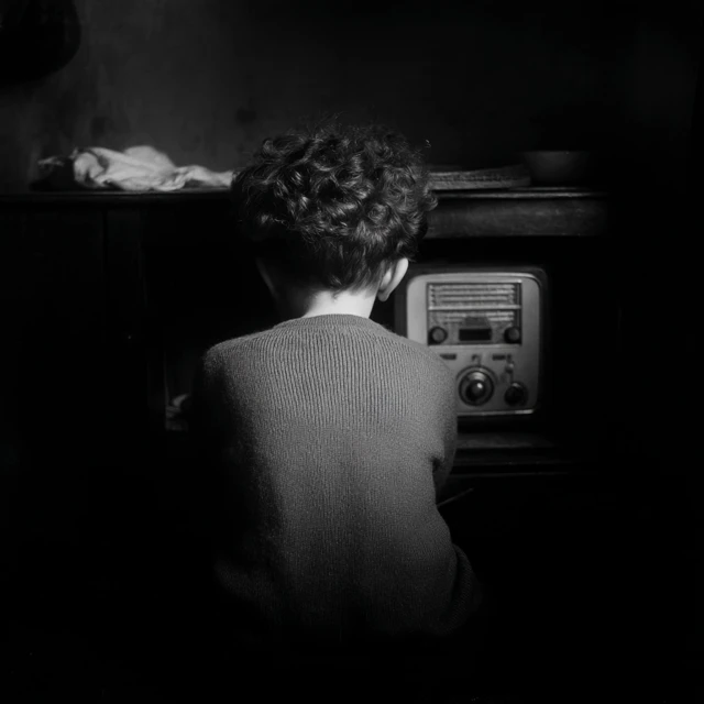 Boy with Radio Black and White Photo