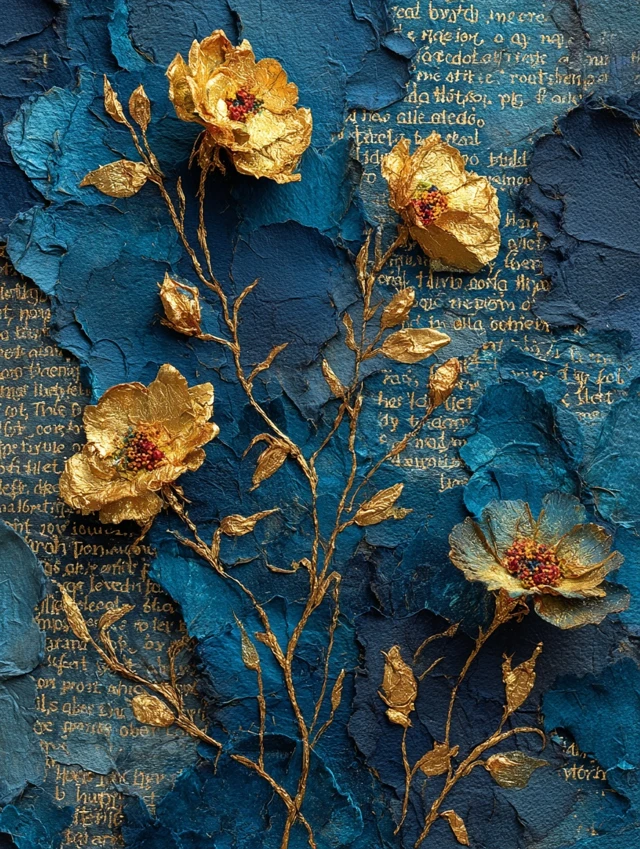 Gold Roses on Prussian Blue Art