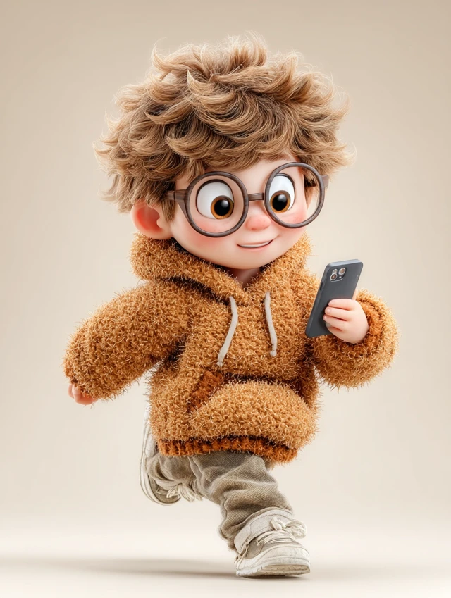 Cheerful Pixar-Style Child with Smartphone 3D Render