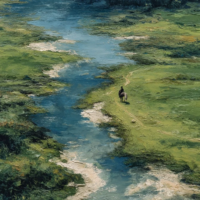 Medieval Landscape: Man on Horse by River Oil Painting