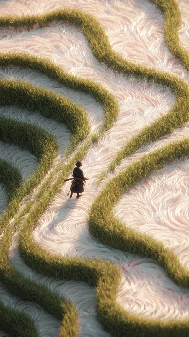 Ancient Farmer Strolling Rice Field 3D Illustration