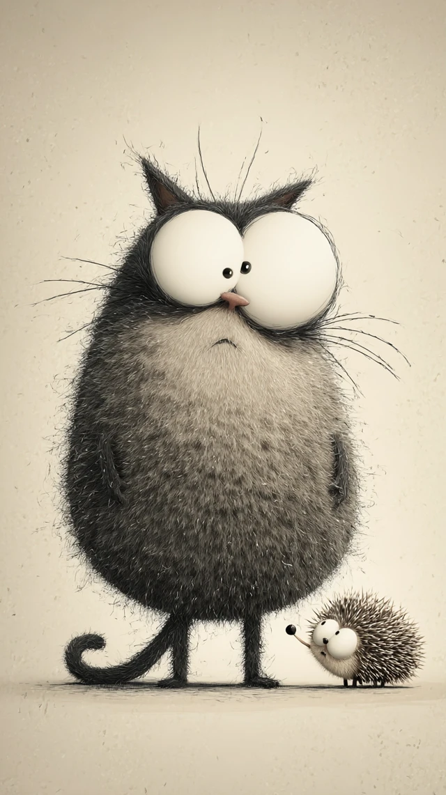 Funny 3D Cat with Hedgehog Playful Caricature