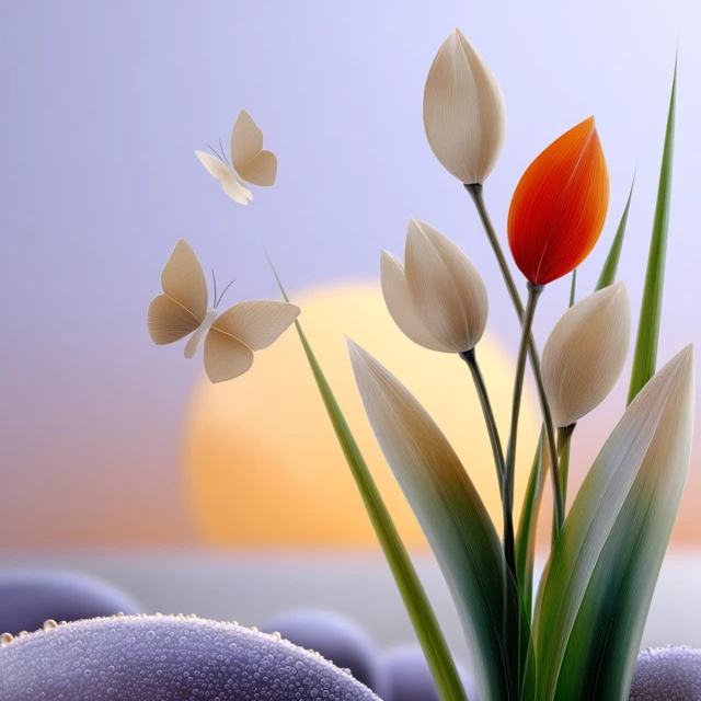 Spring Sunset Tulips and Butterflies