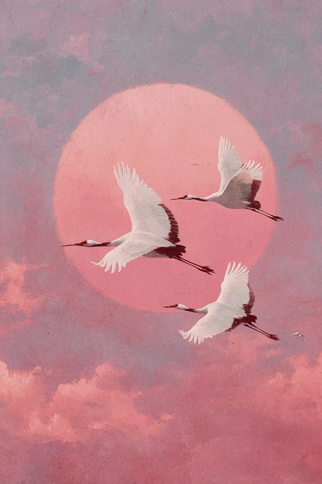 Japanese Crane Art Print Pink Sun Pastel Tones
