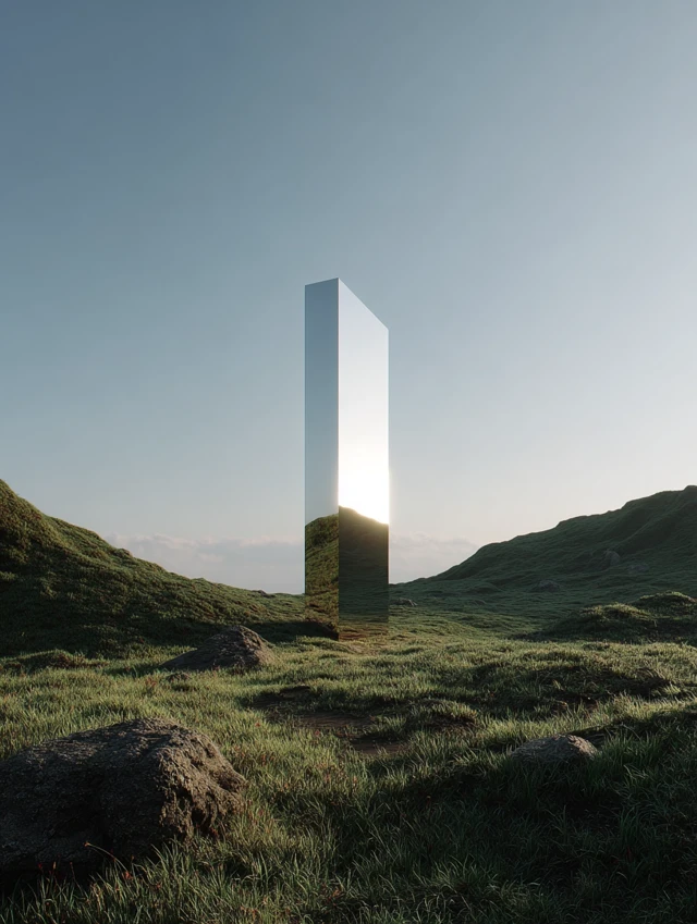 Mirror Monolith on Grassy Hill Landscape Photography