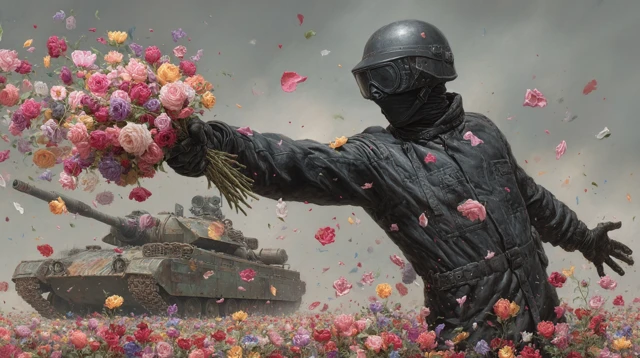 Photorealistic Image: Soldier with Flowers and a Tank