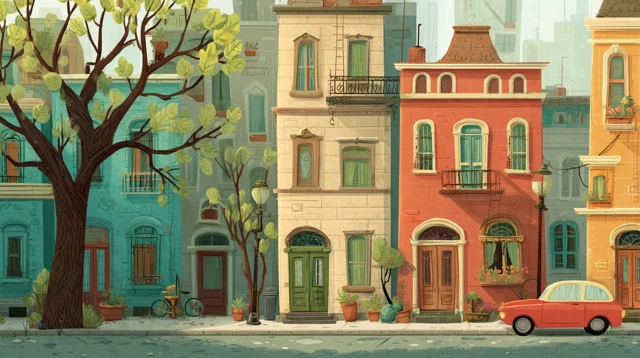 Cartoon Street Scene Watercolor Style