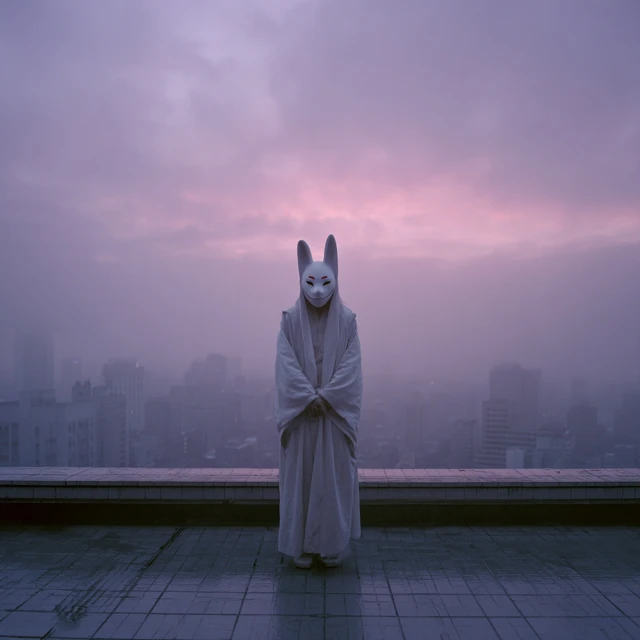 Kitsune Mask Figure on Rooftop at Dawn