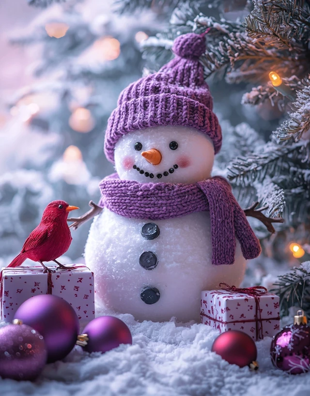 Cozy Winter Christmas Scene Cute Snowman with Ornaments