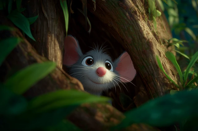 Cute Baby Mouse Peeking from Tree Hollow