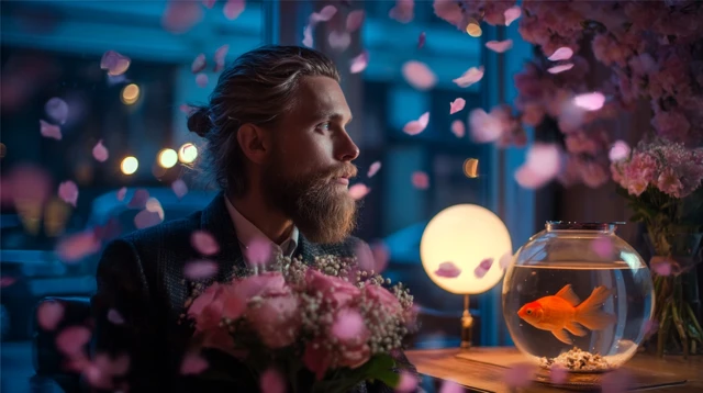 Romantic Man with Flowers in a Cafe Scene