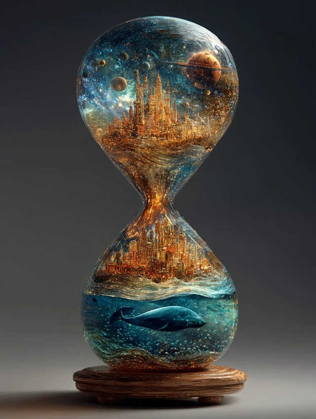 Hourglass with Space City and Sea 3D Art