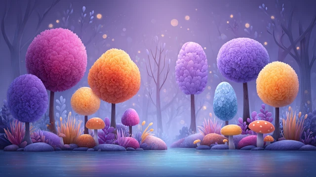 Whimsical Fantasy Landscape with Colorful Trees and Lake