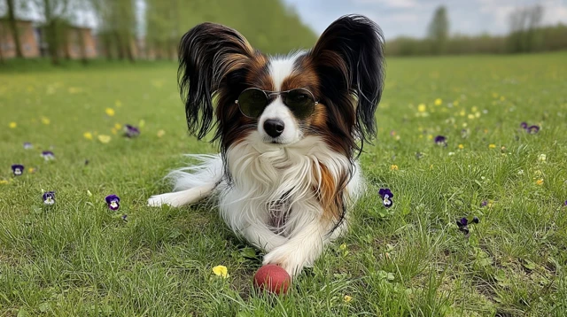 Papillon Dog in Sunglasses Relaxing in a Field