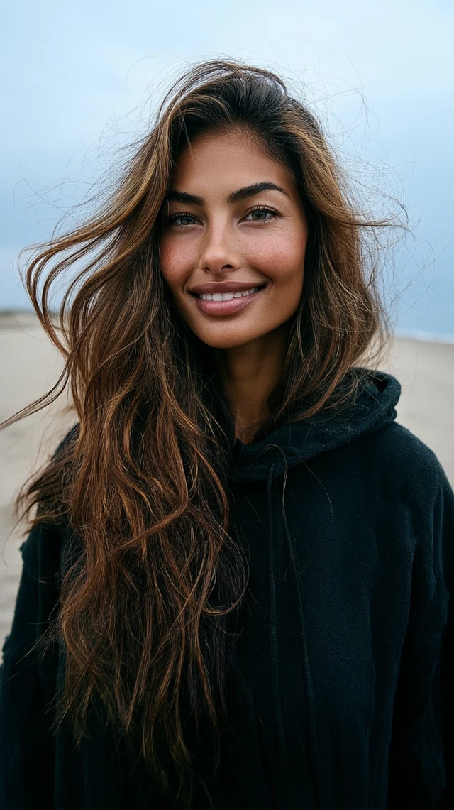 Windy Beach Portrait Young Woman Black Hoodie
