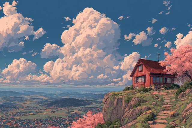 Anime House on Mountain Japanese Landscape Cherry Blossoms