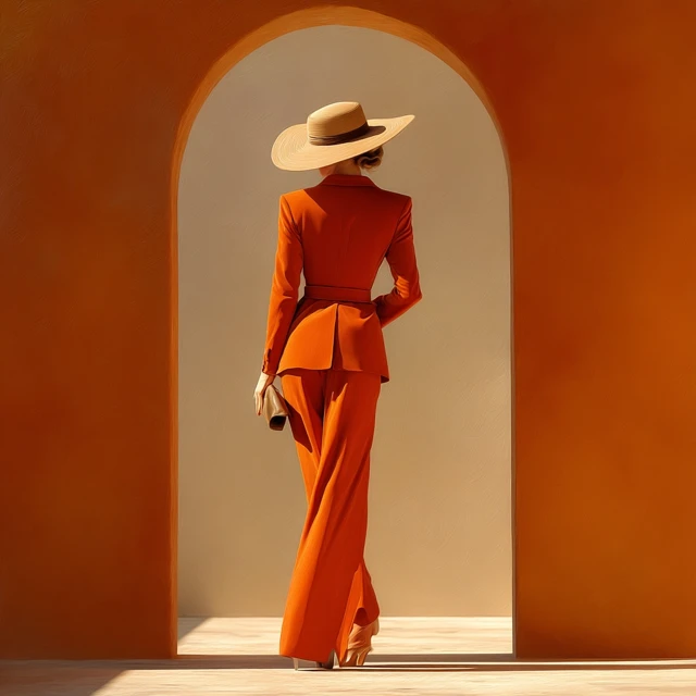 Elegant Vintage Woman in Orange Pantsuit