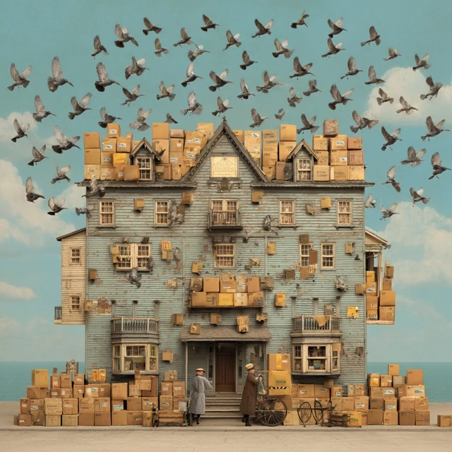 Wes Anderson Inspired Delivery Town with Pigeons