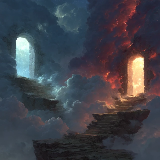 Fantasy Doors Blue Light and Red Lava Sky Scene