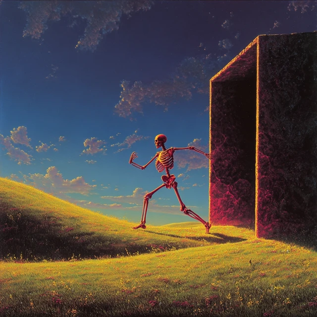 Red Skeleton Emerging From Portal In A Green Field