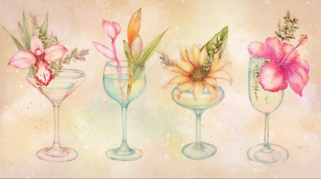 Watercolor Cocktail Glasses with Floral Decorations