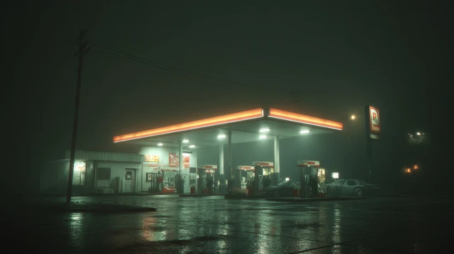 Gas Station at Night Atmospheric Scene