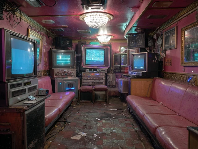 Abandoned Karaoke Bar Interior Retro Pink Tones