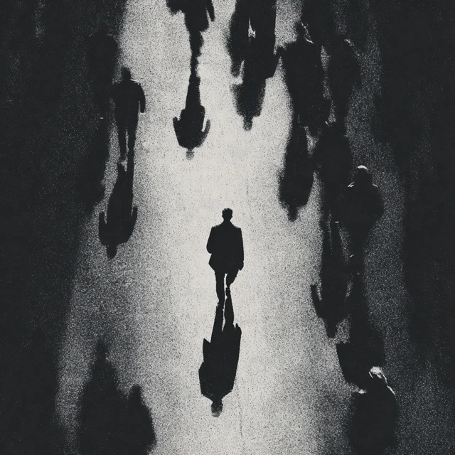 Man Walking Alone Black and White Illustration