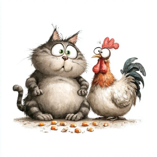 Cat and Rooster Friends Cartoon Illustration