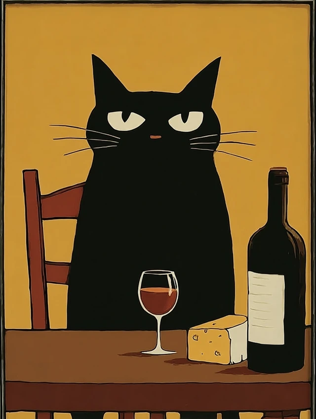 Grumpy Cat with Wine and Cheese Minimalist Illustration