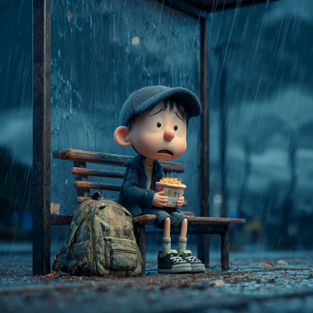 Sad Korean Schoolboy in Rain 3D Cartoon