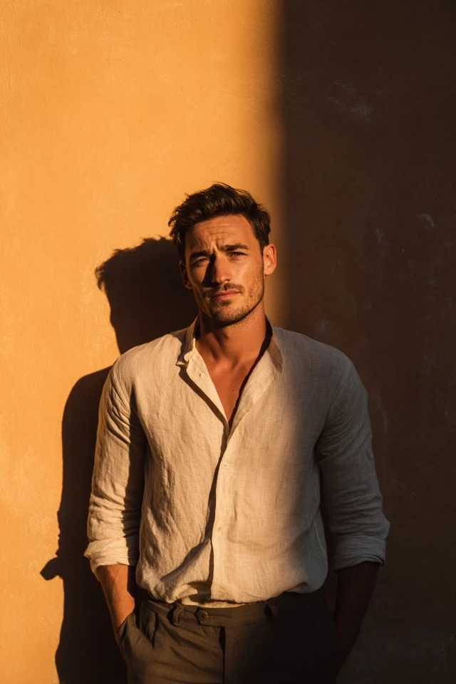 Stylish Man Leaning Against Wall - Warm Afternoon Light