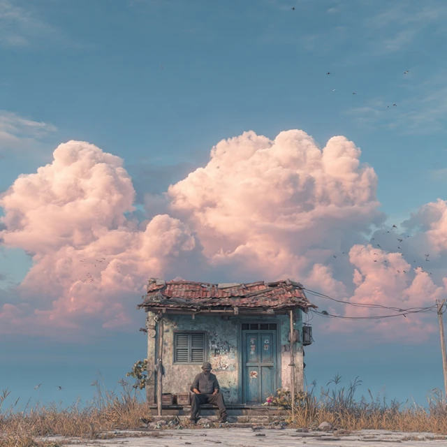 Old House and Man Floating in Sky Ultra Realistic
