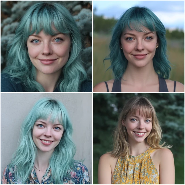 Woman with Teal Hair in Various Poses and Outfits