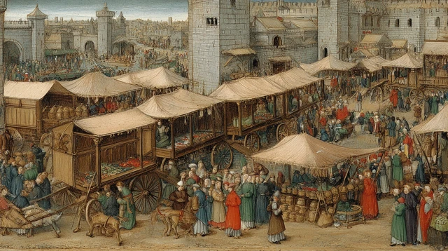 Medieval Market Scene Ivory Copper Textiles