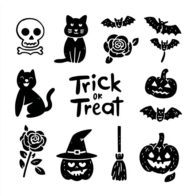 Cute Halloween Icons Trick or Treat Vector Black and White